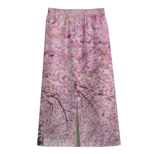 Japanese Cherry Blossom Tree Print Cotton Front Slit Maxi Skirt