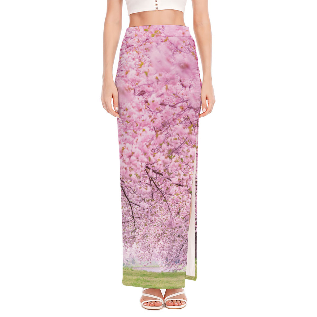 Japanese Cherry Blossom Tree Print High Slit Maxi Skirt