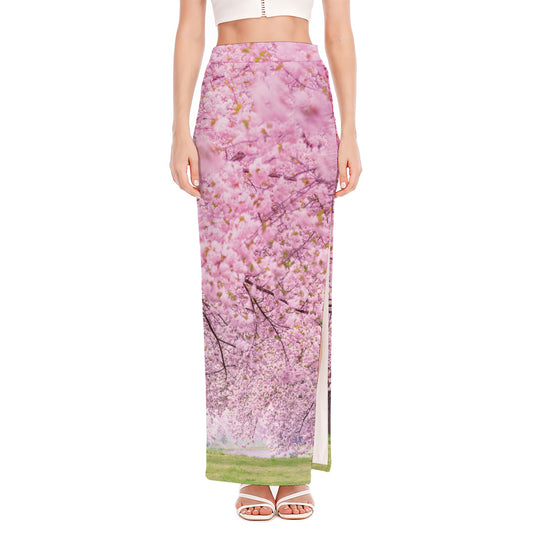 Japanese Cherry Blossom Tree Print High Slit Maxi Skirt