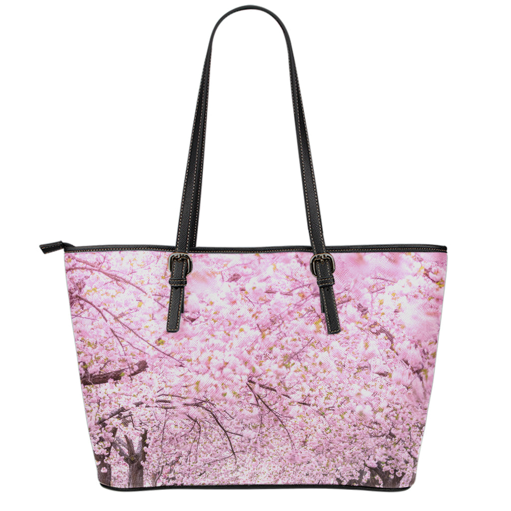 Japanese Cherry Blossom Tree Print Leather Tote Bag
