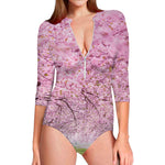 Japanese Cherry Blossom Tree Print Long Sleeve Swimsuit