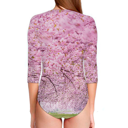 Japanese Cherry Blossom Tree Print Long Sleeve Swimsuit