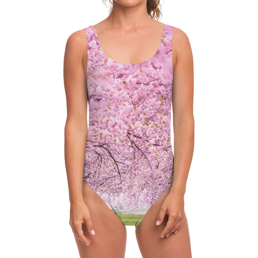 Japanese Cherry Blossom Tree Print One Piece Swimsuit