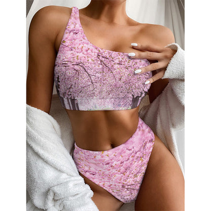 Japanese Cherry Blossom Tree Print One Shoulder Bikini Top