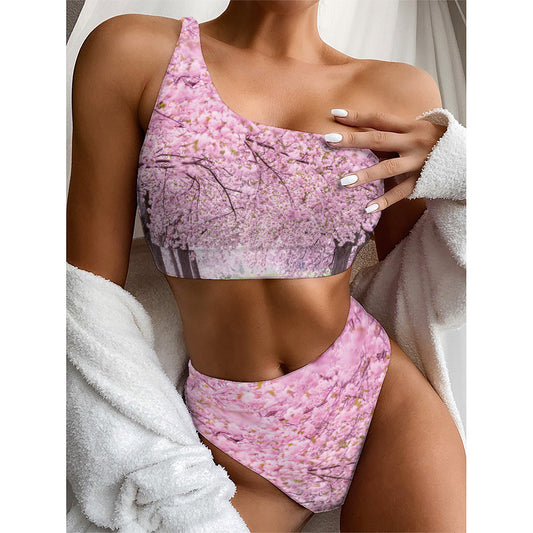 Japanese Cherry Blossom Tree Print One Shoulder Bikini Top