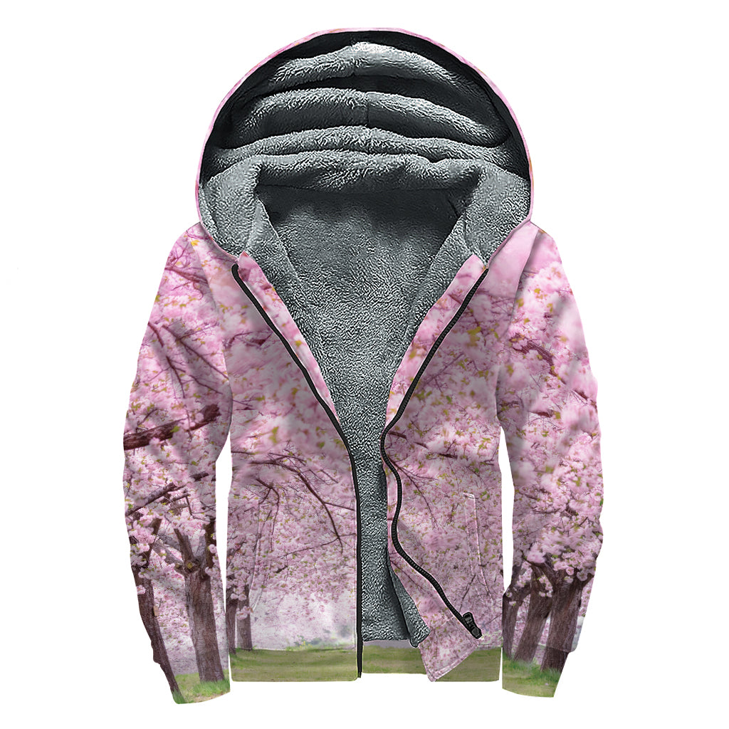 Japanese Cherry Blossom Tree Print Sherpa Lined Zip Up Hoodie