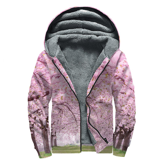Japanese Cherry Blossom Tree Print Sherpa Lined Zip Up Hoodie