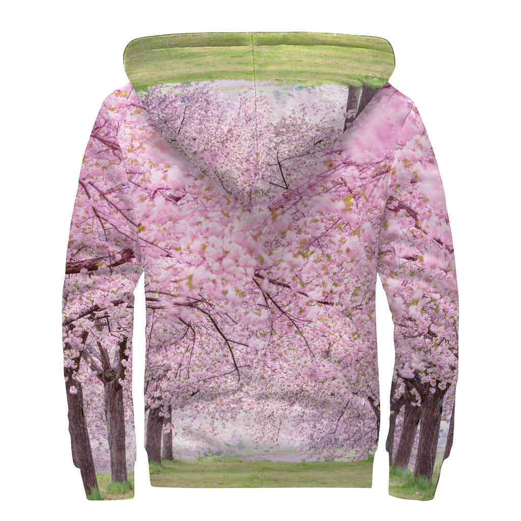 Japanese Cherry Blossom Tree Print Sherpa Lined Zip Up Hoodie