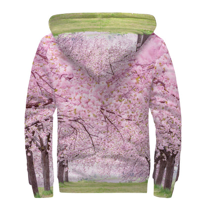 Japanese Cherry Blossom Tree Print Sherpa Lined Zip Up Hoodie