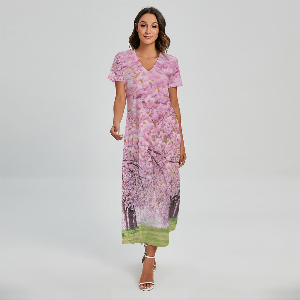 Japanese Cherry Blossom Tree Print Short Sleeve Maxi Dress