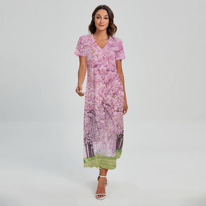 Japanese Cherry Blossom Tree Print Short Sleeve Maxi Dress