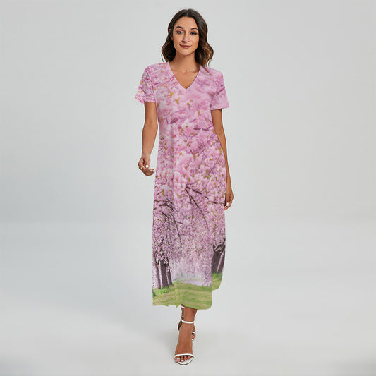 Japanese Cherry Blossom Tree Print Short Sleeve Maxi Dress