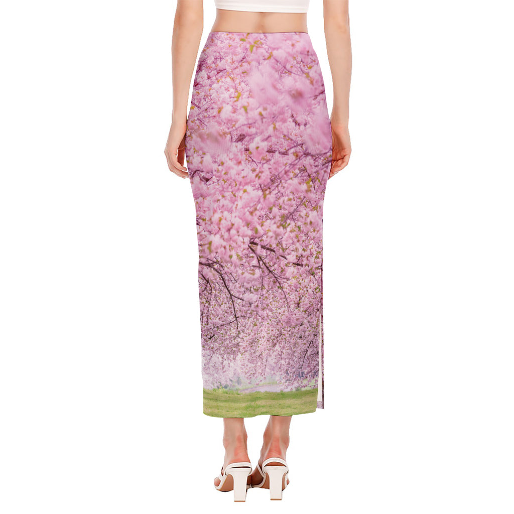 Japanese Cherry Blossom Tree Print Side Slit Maxi Skirt