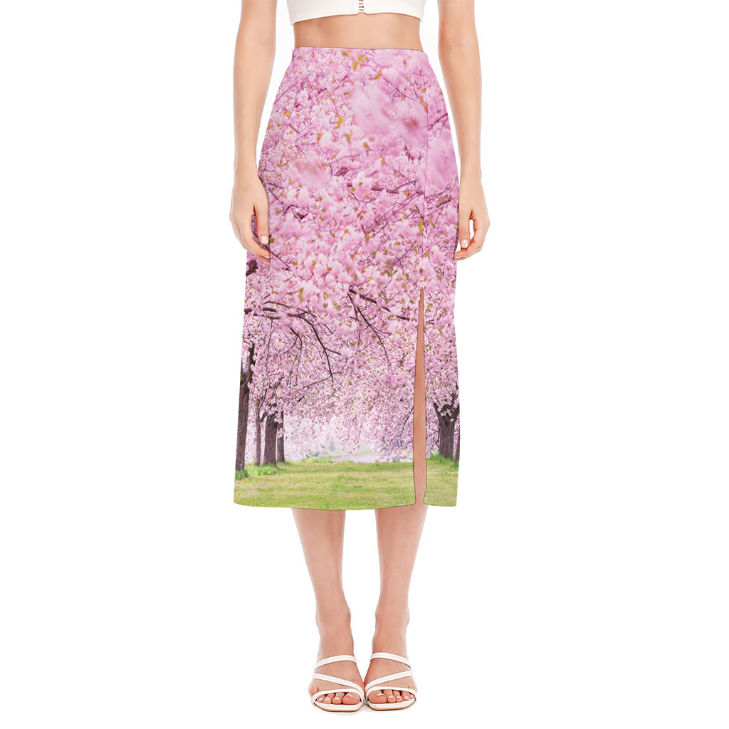 Japanese Cherry Blossom Tree Print Side Slit Midi Skirt