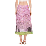 Japanese Cherry Blossom Tree Print Side Slit Midi Skirt