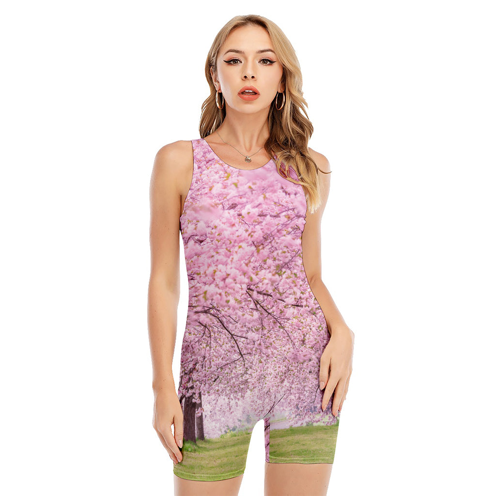 Japanese Cherry Blossom Tree Print Sleeveless One Piece Swimsuit