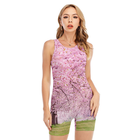 Japanese Cherry Blossom Tree Print Sleeveless One Piece Swimsuit