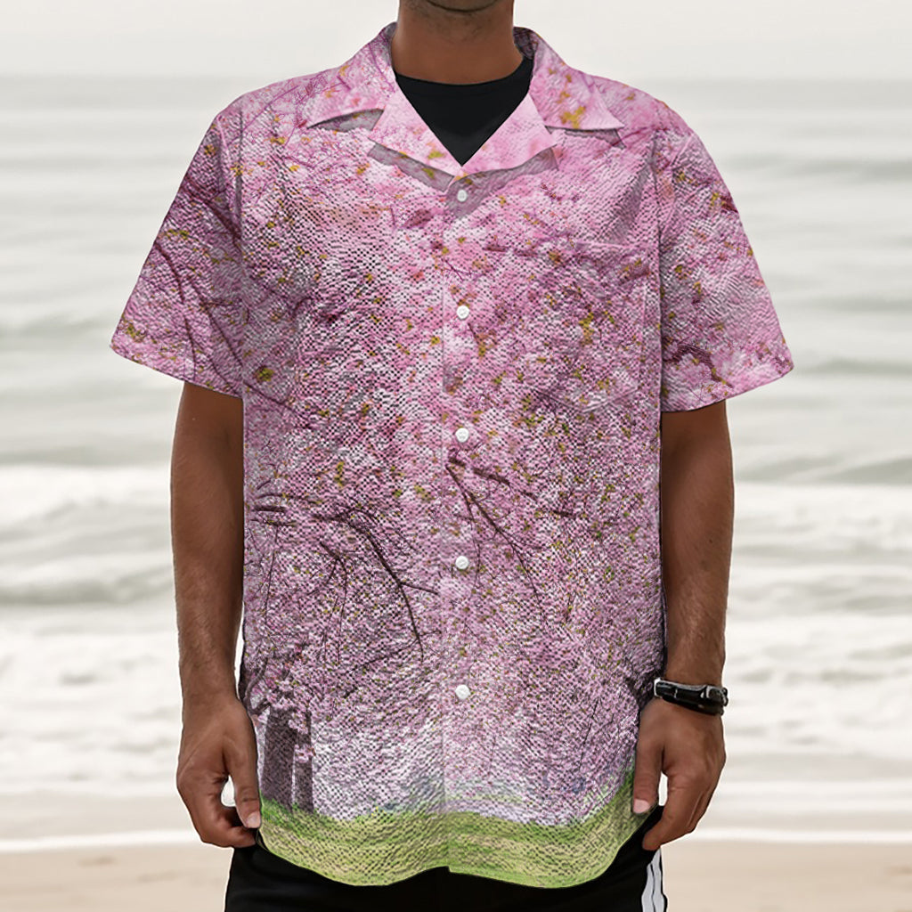 Japanese Cherry Blossom Tree Print Textured Short Sleeve Shirt