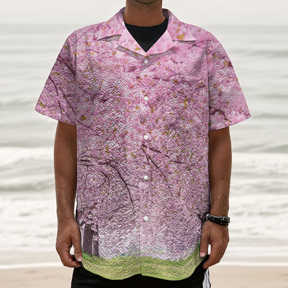 Japanese Cherry Blossom Tree Print Textured Short Sleeve Shirt