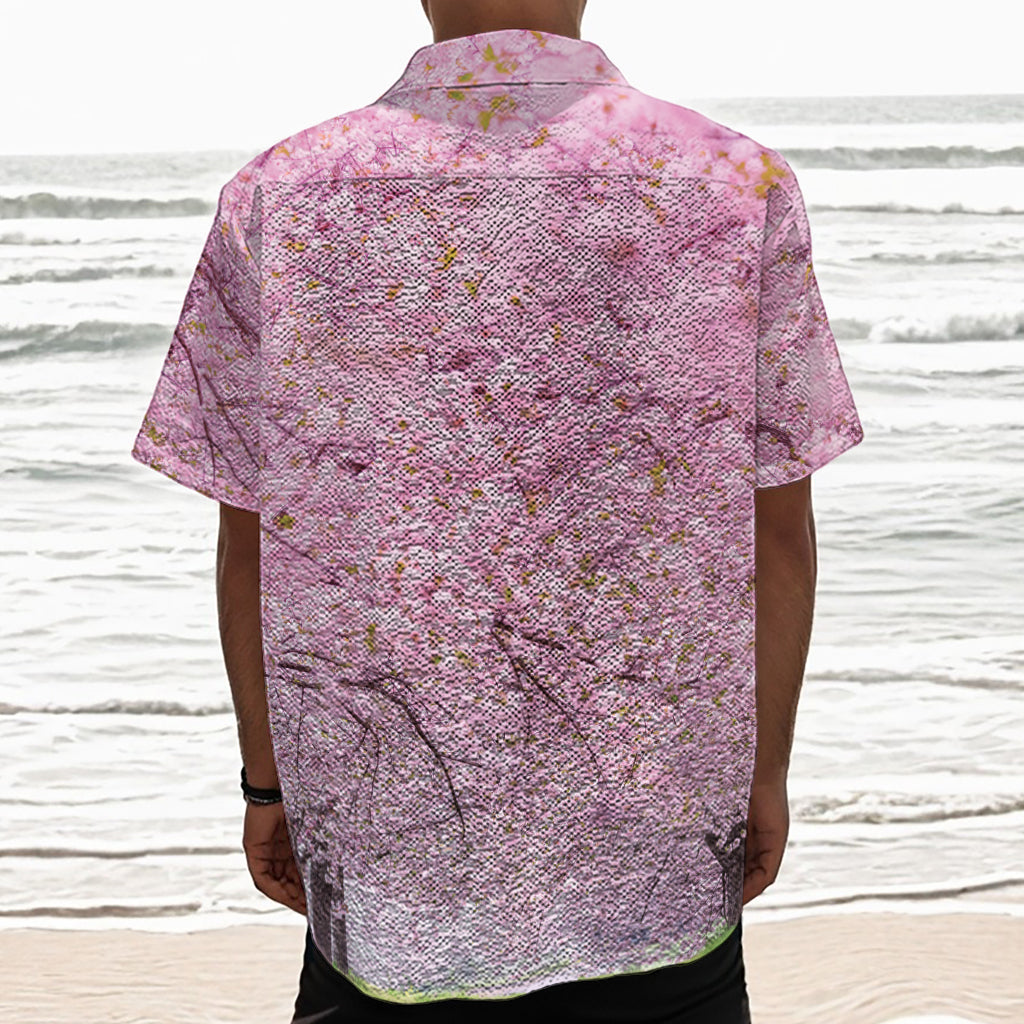 Japanese Cherry Blossom Tree Print Textured Short Sleeve Shirt