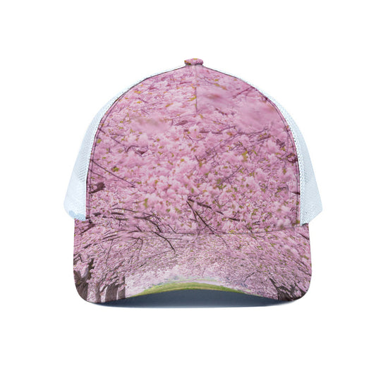 Japanese Cherry Blossom Tree Print White Mesh Trucker Cap