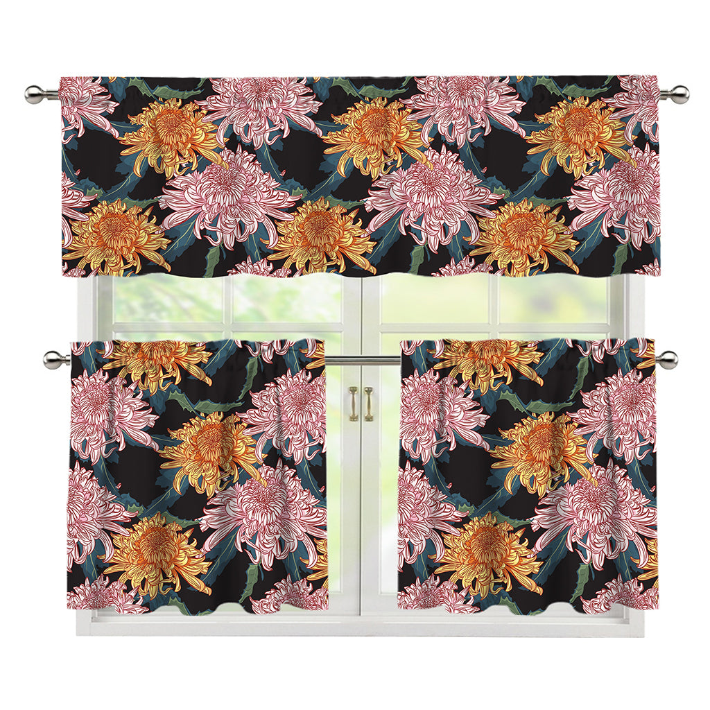Japanese Chrysanthemum Pattern Print 3 Piece Kitchen Curtains