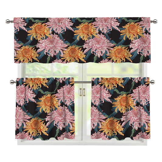 Japanese Chrysanthemum Pattern Print 3 Piece Kitchen Curtains
