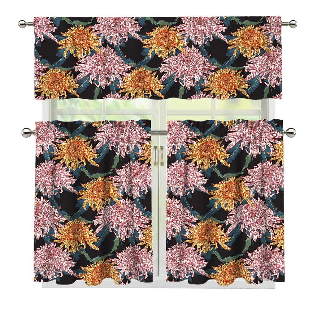 Japanese Chrysanthemum Pattern Print 3 Piece Kitchen Curtains