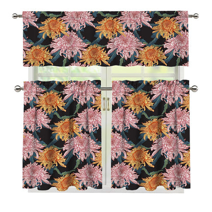 Japanese Chrysanthemum Pattern Print 3 Piece Kitchen Curtains