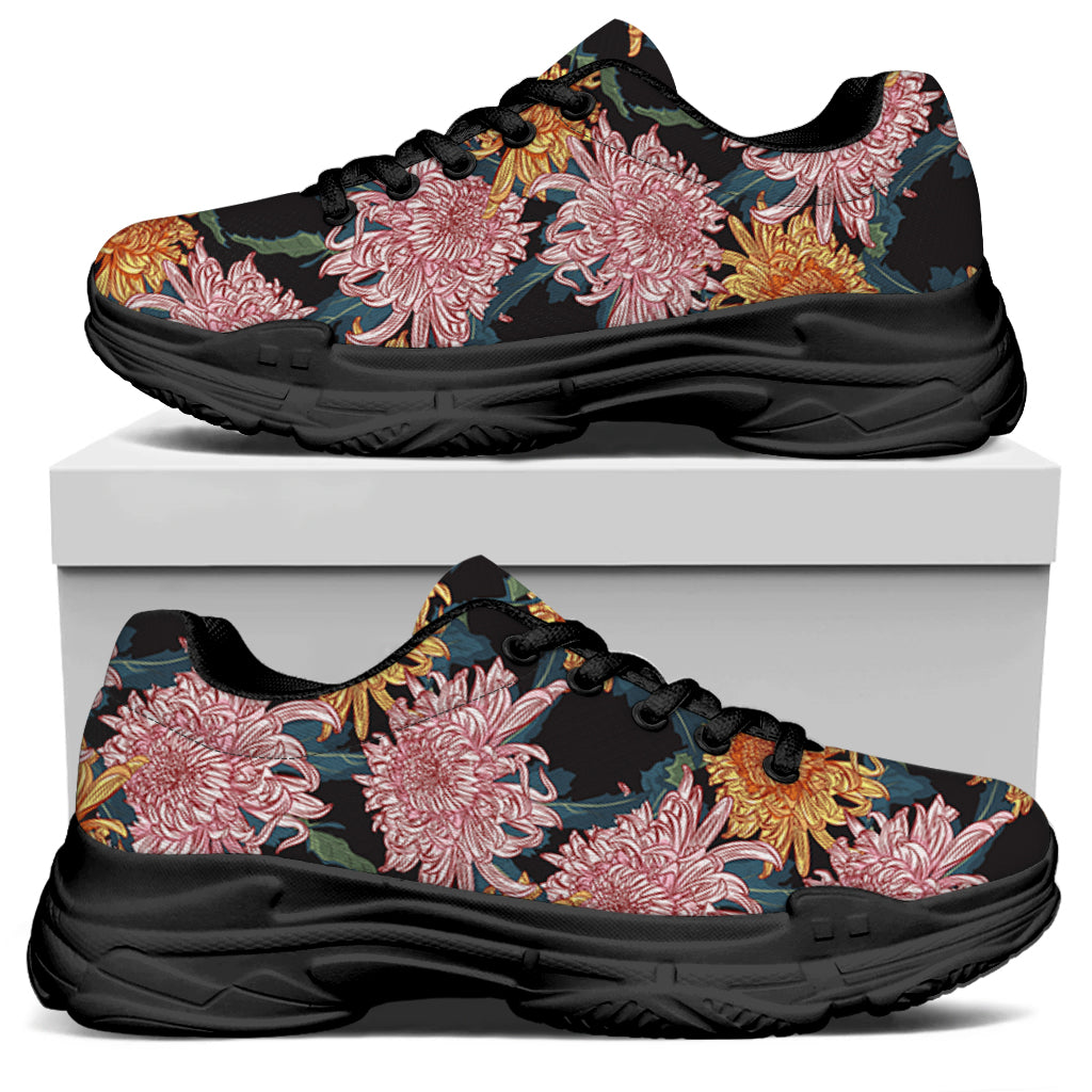 Japanese Chrysanthemum Pattern Print Black Chunky Shoes