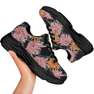 Japanese Chrysanthemum Pattern Print Black Chunky Shoes