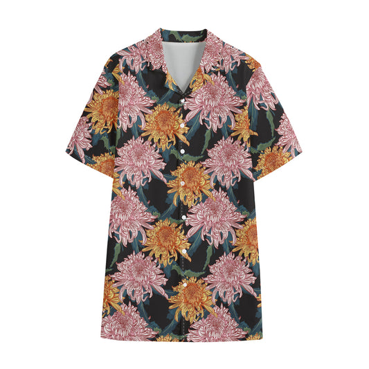 Japanese Chrysanthemum Pattern Print Cotton Hawaiian Shirt