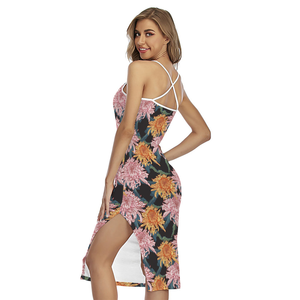Japanese Chrysanthemum Pattern Print Cross Back Cami Dress