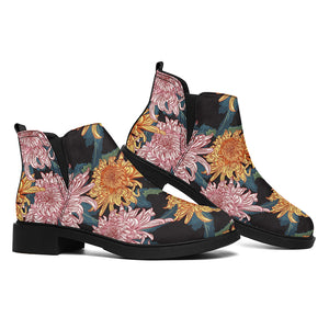 Japanese Chrysanthemum Pattern Print Flat Ankle Boots