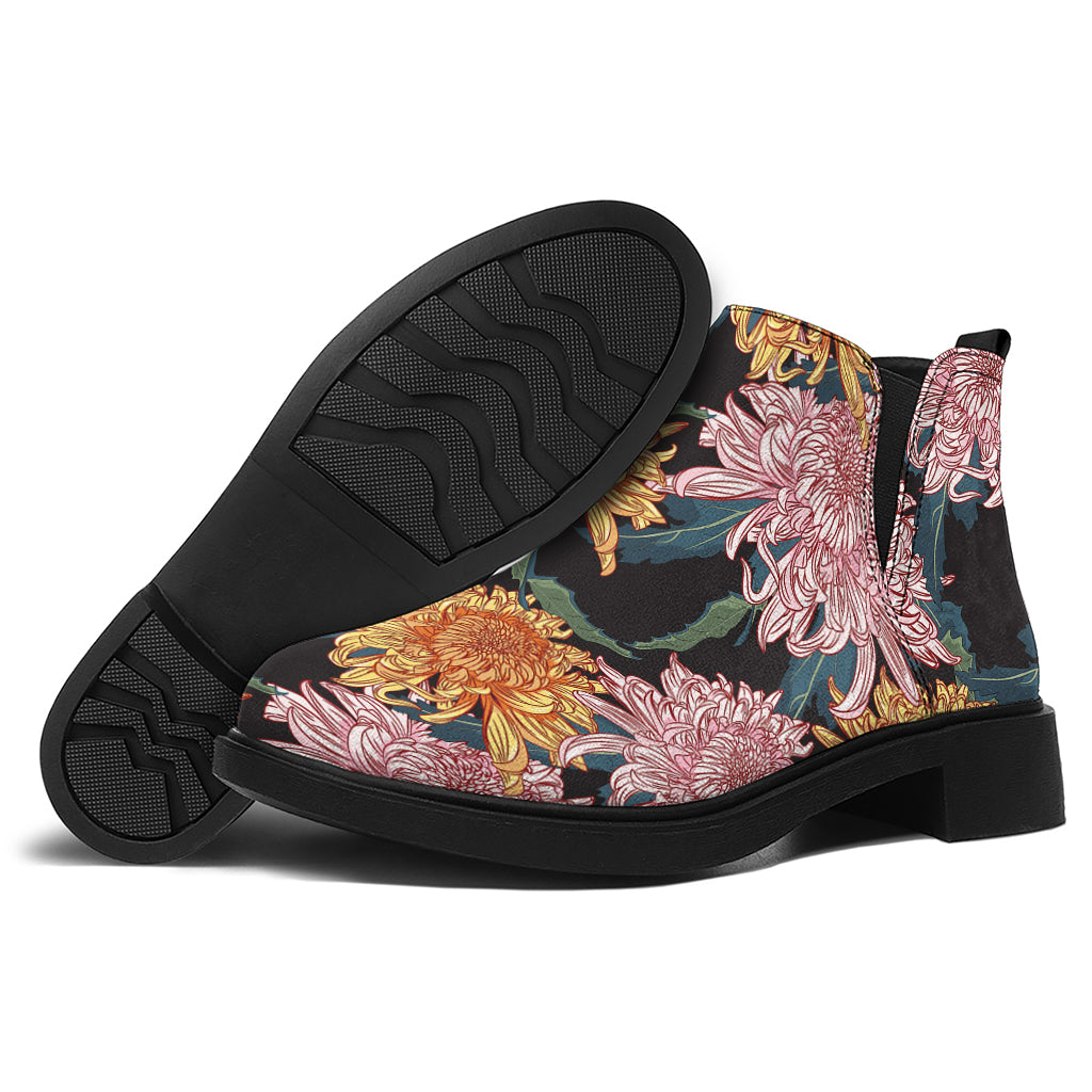 Japanese Chrysanthemum Pattern Print Flat Ankle Boots