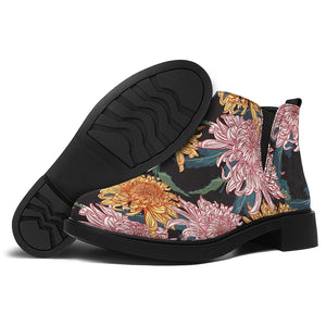 Japanese Chrysanthemum Pattern Print Flat Ankle Boots