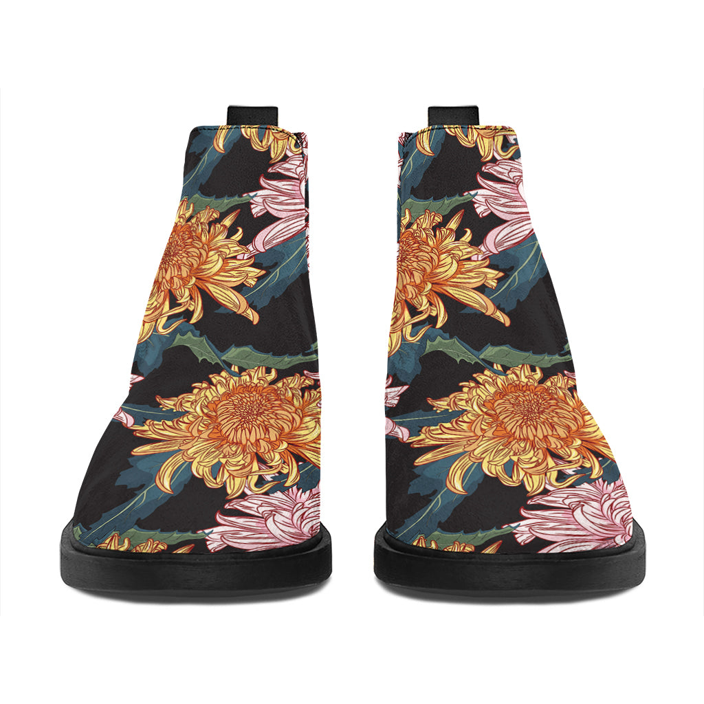 Japanese Chrysanthemum Pattern Print Flat Ankle Boots