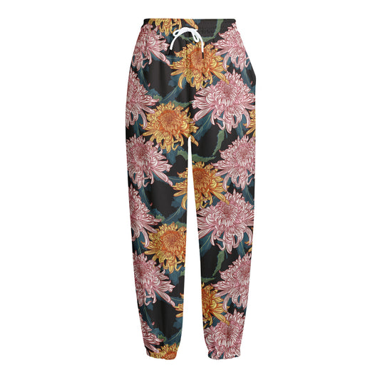 Japanese Chrysanthemum Pattern Print Fleece Lined Knit Pants