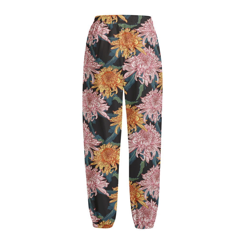 Japanese Chrysanthemum Pattern Print Fleece Lined Knit Pants