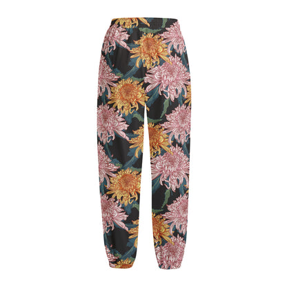 Japanese Chrysanthemum Pattern Print Fleece Lined Knit Pants