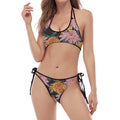 Japanese Chrysanthemum Pattern Print Halter Scoop Tie Side Bikini