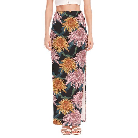Japanese Chrysanthemum Pattern Print High Slit Maxi Skirt