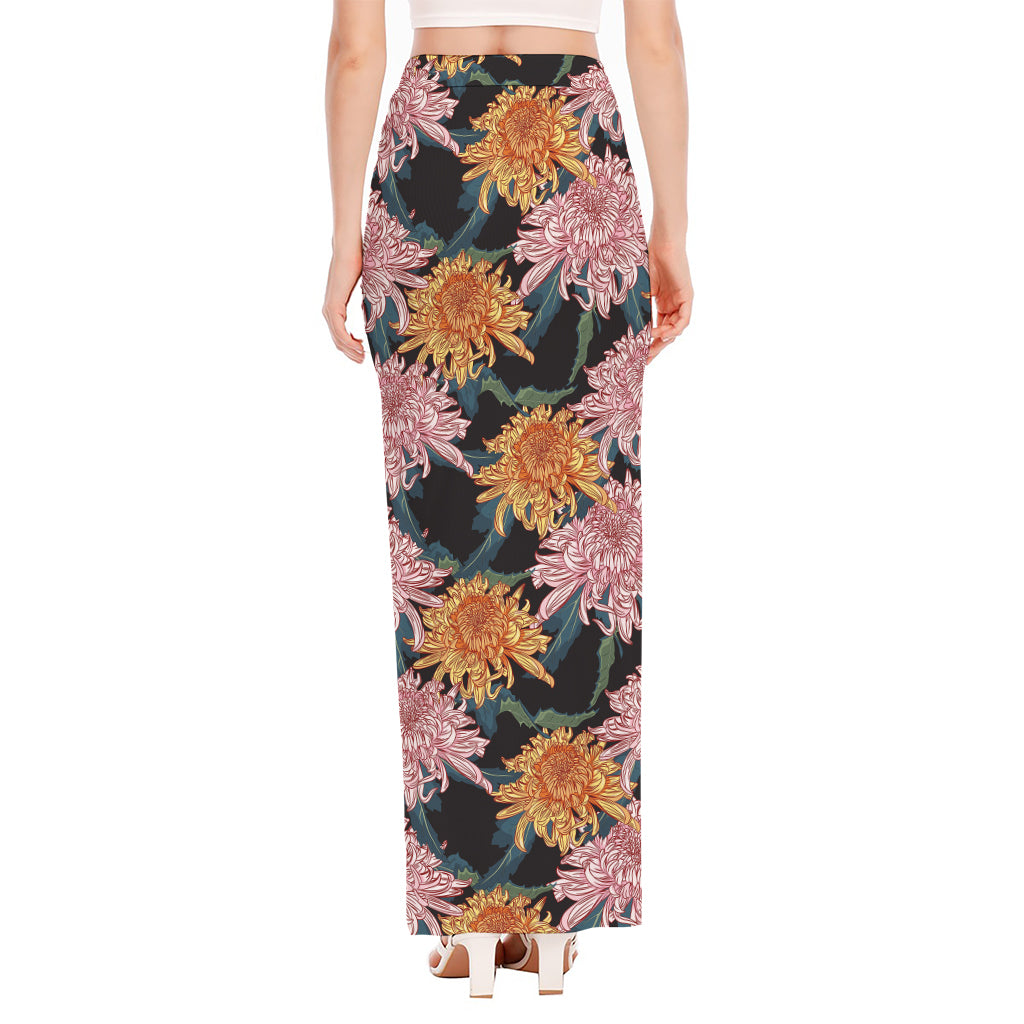 Japanese Chrysanthemum Pattern Print High Slit Maxi Skirt