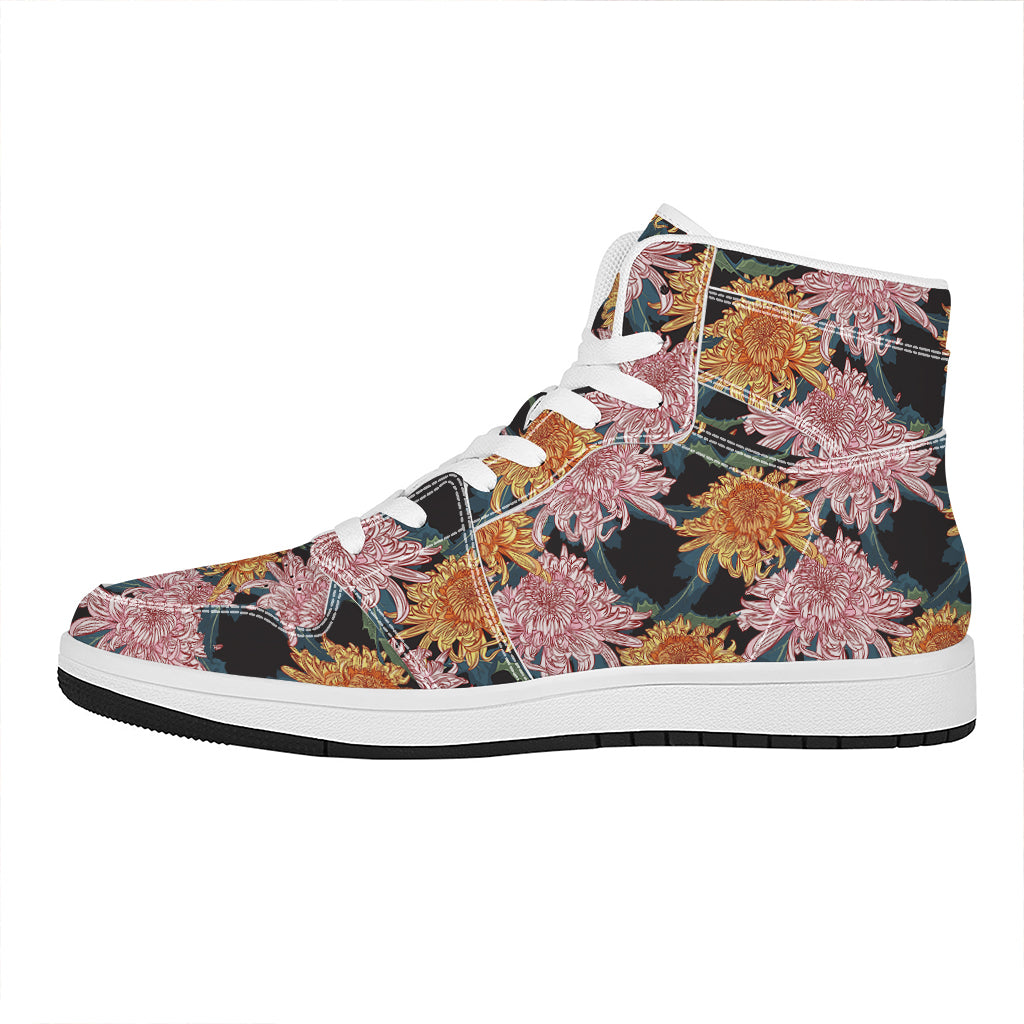 Japanese Chrysanthemum Pattern Print High Top Leather Sneakers