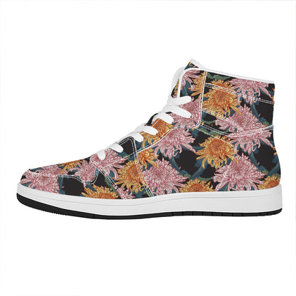 Japanese Chrysanthemum Pattern Print High Top Leather Sneakers