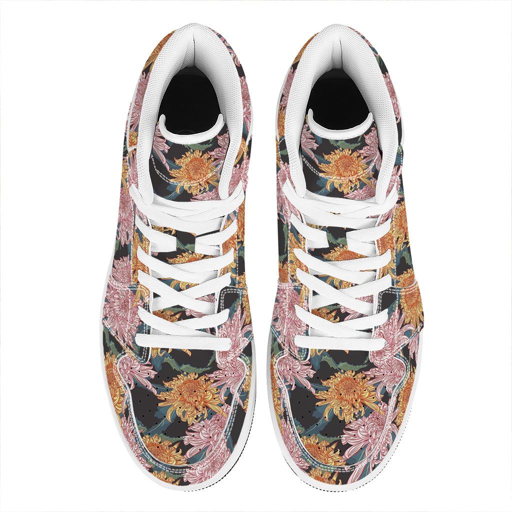 Japanese Chrysanthemum Pattern Print High Top Leather Sneakers