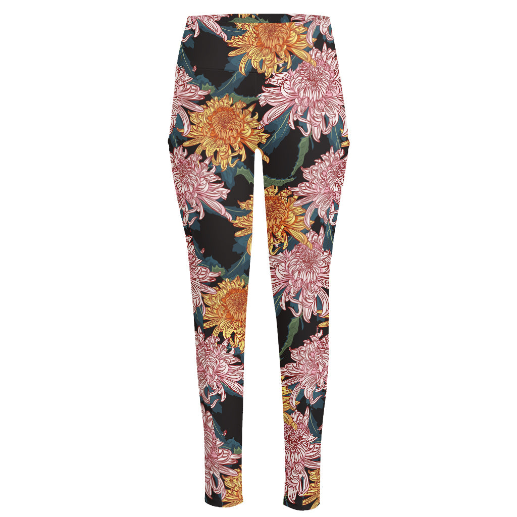 Japanese Chrysanthemum Pattern Print High-Waisted Pocket Leggings