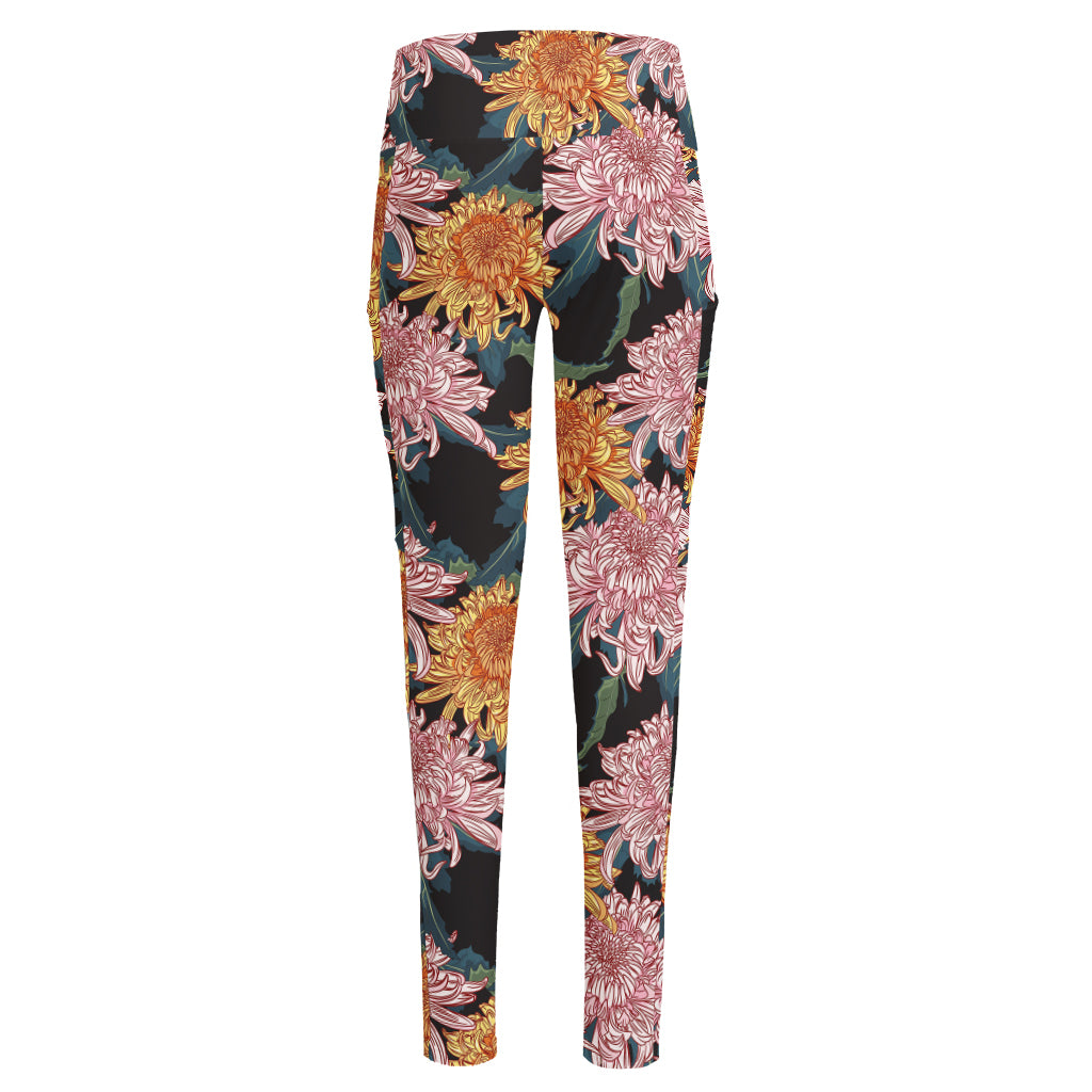 Japanese Chrysanthemum Pattern Print High-Waisted Pocket Leggings