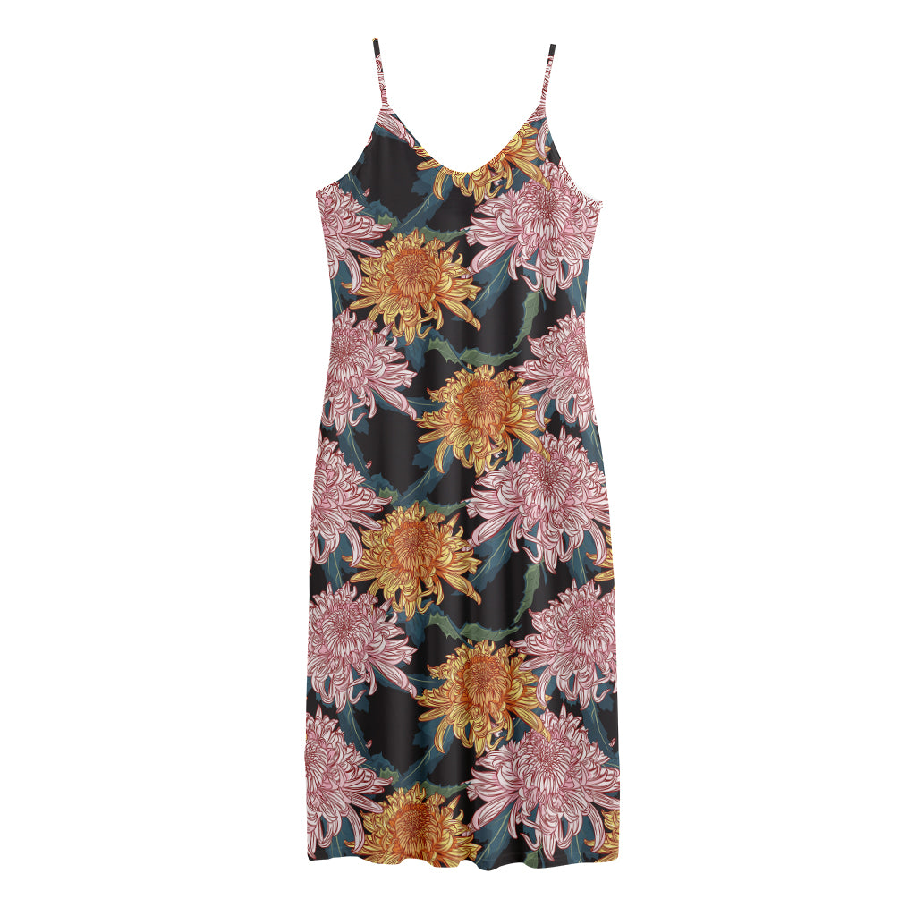 Japanese Chrysanthemum Pattern Print Jersey Midi Cami Dress