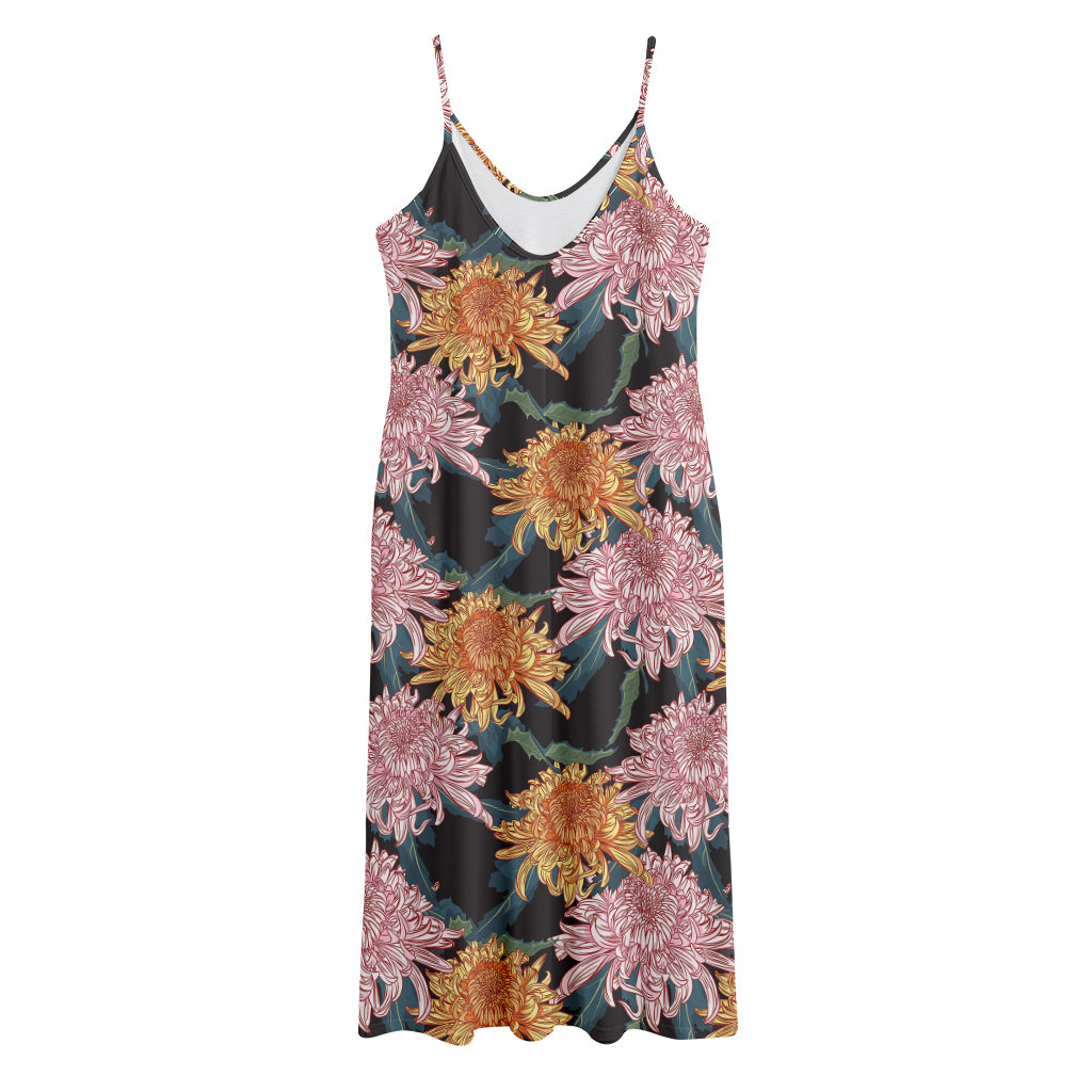 Japanese Chrysanthemum Pattern Print Jersey Midi Cami Dress